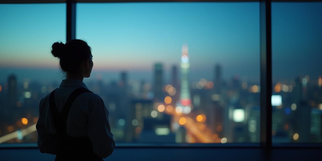 プロフェッショナルな清掃スタッフが窓越しに東京の光景を見つめる様子